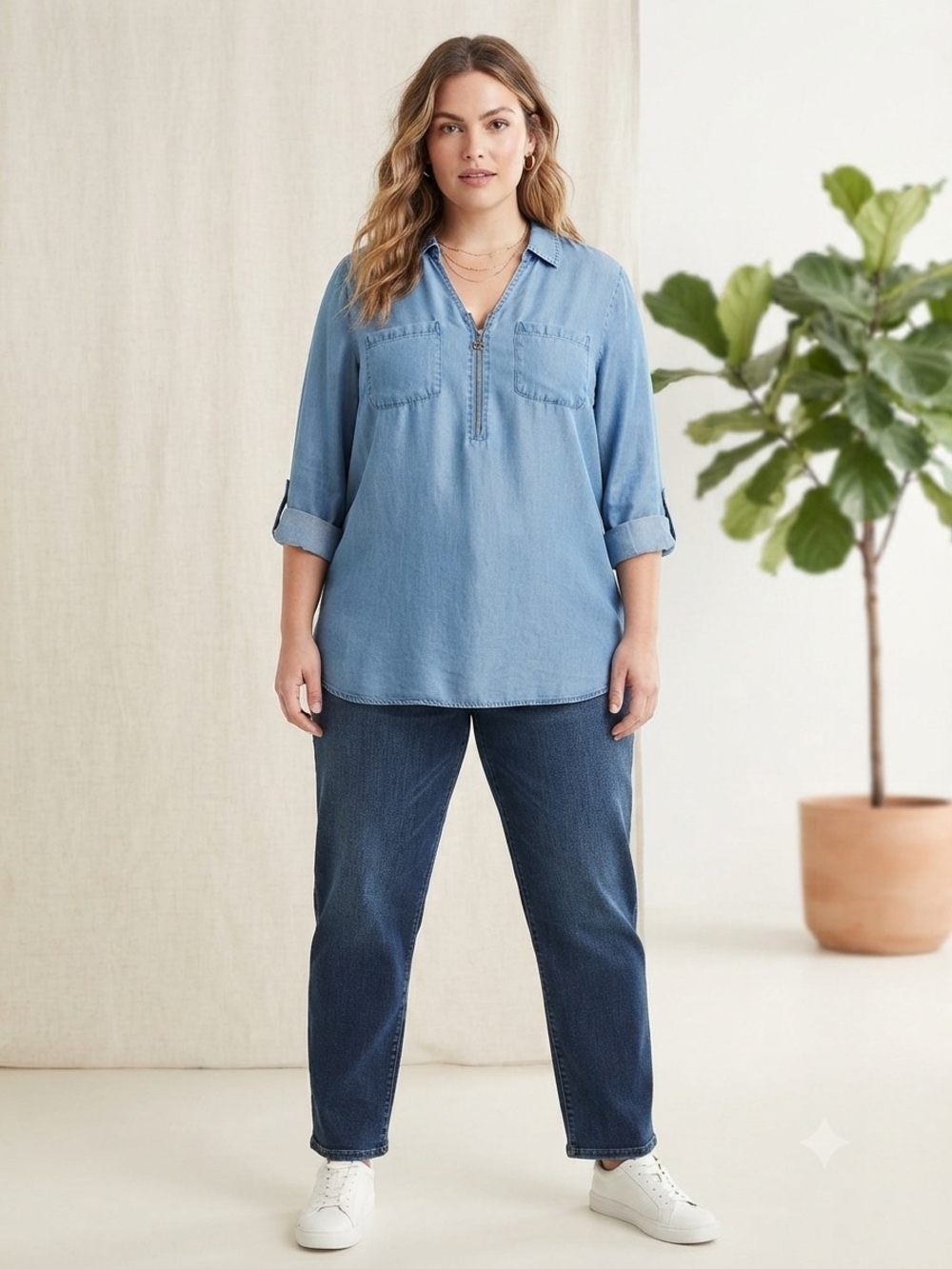 Anne Klein Light Blue Denim Pullover Shirt